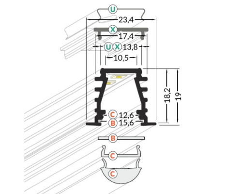 Profil LED încastrat DEEP 10, negru, lungime 2m