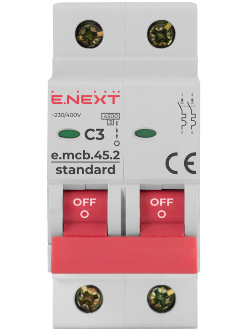 Модульный автоматический выключатель e.mcb.stand.45.2.C3, 2р, 3А, C, 4.5 кА