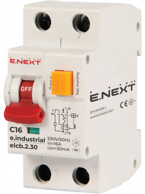 Выключатель дифференциального тока с защитой от сверхтоков e.industrial.elcb.2.C16.30, 2р, 16А, С, 30мА