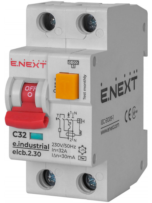 Выключатель дифференциального тока с защитой от сверхтоков e.industrial.elcb.2.C32.30, 2р, 32А, С, 30мА