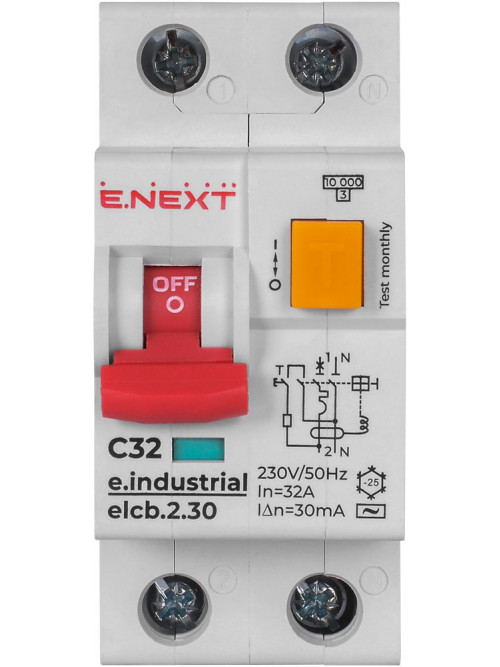 Выключатель дифференциального тока с защитой от сверхтоков e.industrial.elcb.2.C32.30, 2р, 32А, С, 30мА