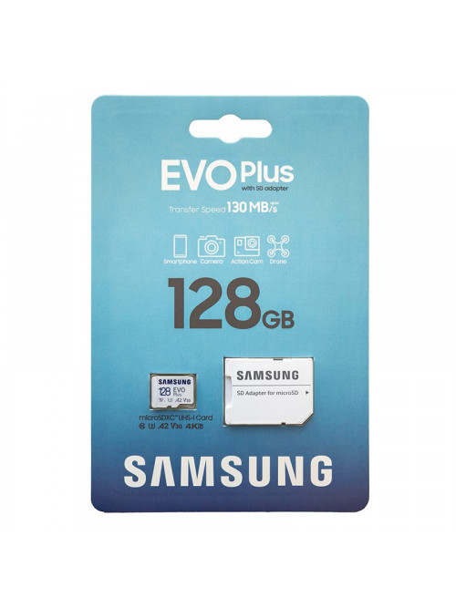 Карта памяти MicroSD+SD Adapter Samsung EVO Plus MB-MC128KA, 128Gb, Class 10 UHS-I (U3), (R/W:130/130MB/s)