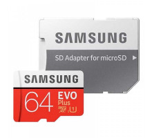 Карта памяти MicroSD+SD Adapter Samsung EVO Plus MB-MC64HA, 64Gb, Class 10 UHS-I (U1), (R/W:100/20MB/s)