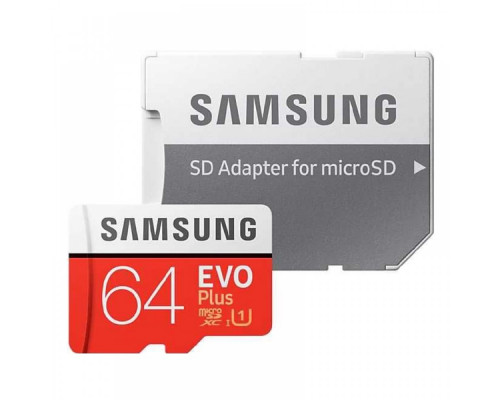 Карта памяти MicroSD+SD Adapter Samsung EVO Plus MB-MC64HA, 64Gb, Class 10 UHS-I (U1), (R/W:100/20MB/s)