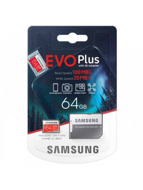 Карта памяти MicroSD+SD Adapter Samsung EVO Plus MB-MC64HA, 64Gb, Class 10 UHS-I (U1), (R/W:100/20MB/s)