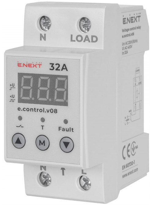 Реле контроля напряжения 32А e.control.v08, с индикацией