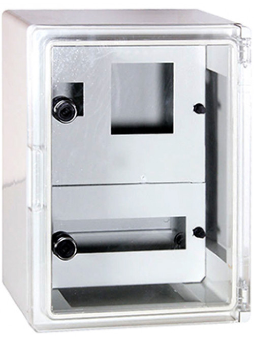 Шкаф ударопрочный из АБС-пластика e.plbox.300.400.165.1f.15m.tr, 300х400х165мм, IP65 с прозрачными дверцами,  панелью под 1 - фазный счетчик и 15 модулей